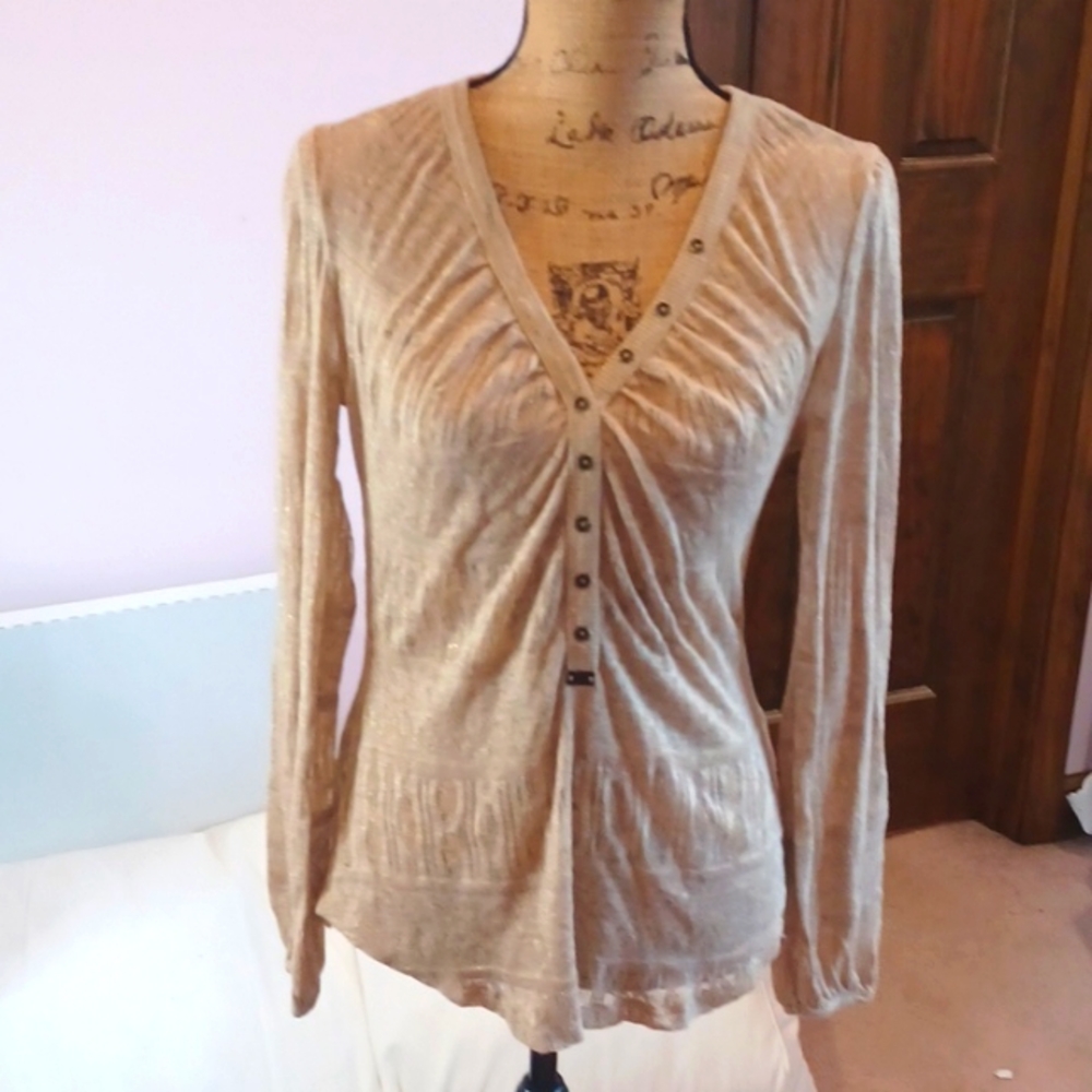 DYLAN long sleeve semi sheer top size M tan with gold thread EUC